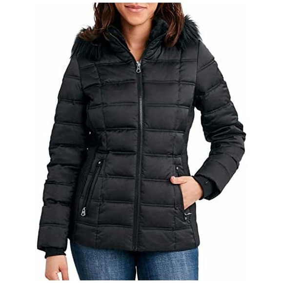 Nautica Womens Black Puffer Jacket Hooded Faux Fur Trim Water Resistant Size L - Picture 2 of 10